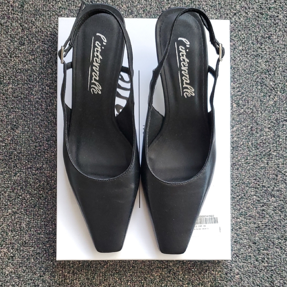 L'INTERVALLE Black Slingback Heels Leather Upper Made In Spain!